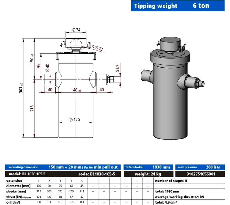 5 STAGE 1030mm STROKE 6 TONNE