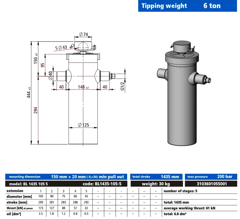 5 STAGE 1435mm STROKE 6 TONNE