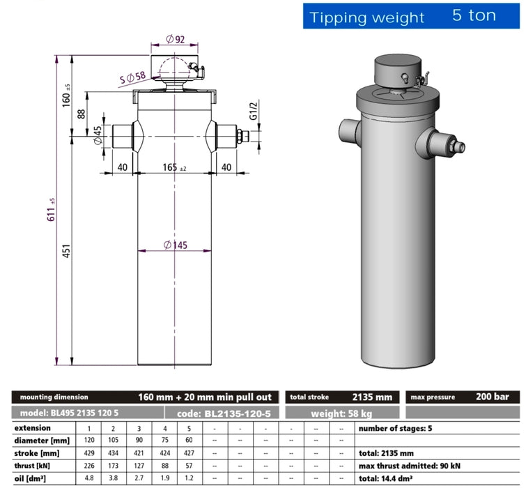 5 STAGE 2135mm STROKE 7 TONNE