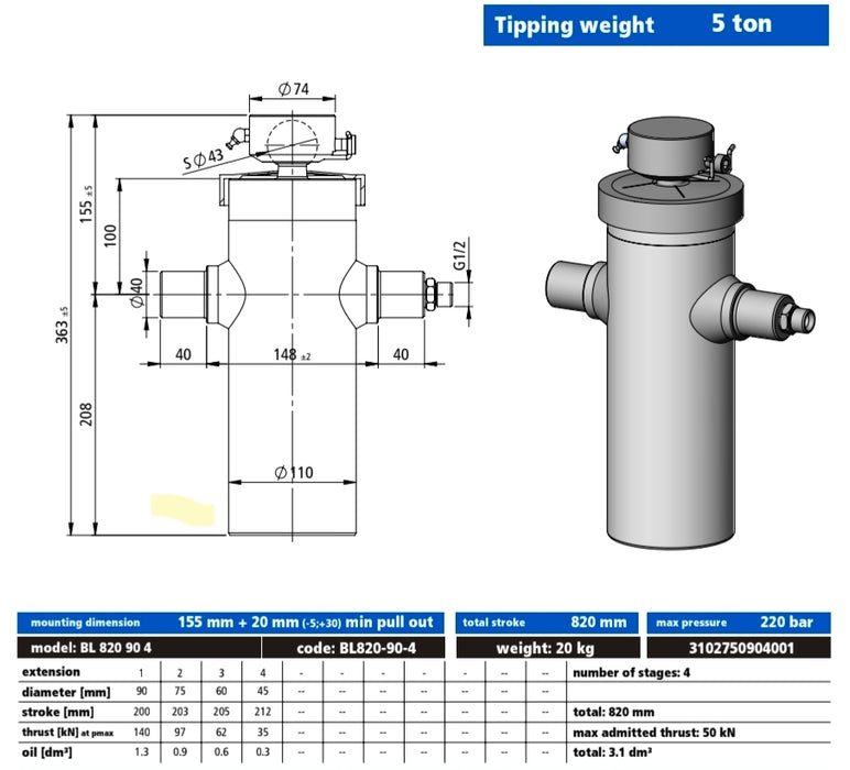 4 STAGE 820mm STROKE 5 TONNE