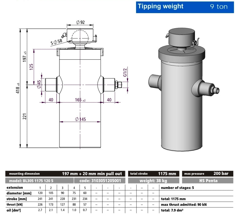 5 STAGE 1175mm STROKE 9 TONNE