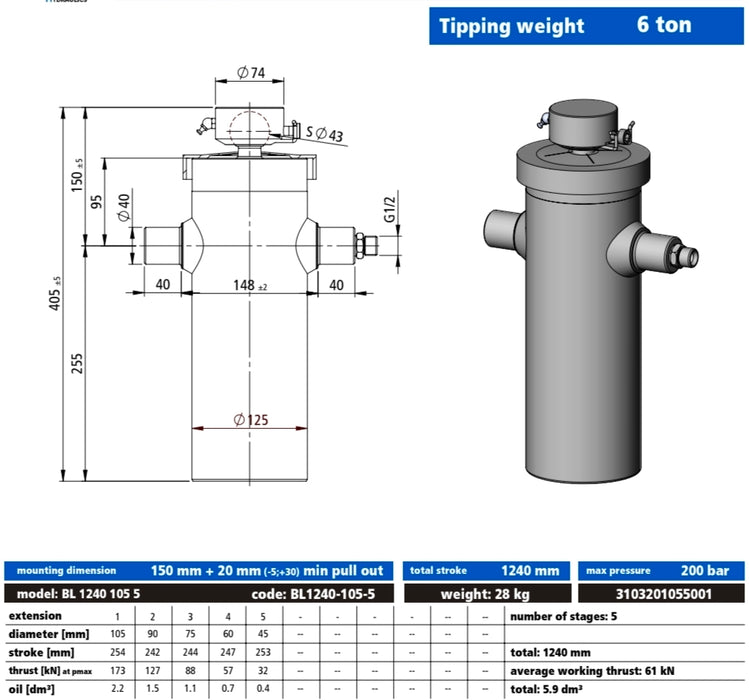 5 STAGE 1240mm STROKE 6 TONNE