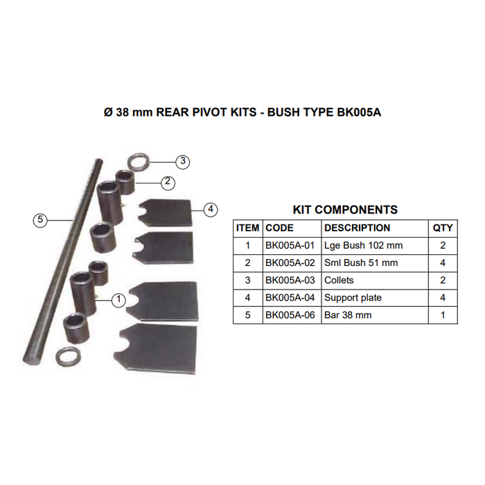 Rear Pivot Bar Kit - BKOO5A - Bush Type 38mm