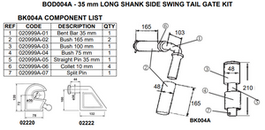 Side Swing Tailgate Kit BOD004A - Long Shank 35mm